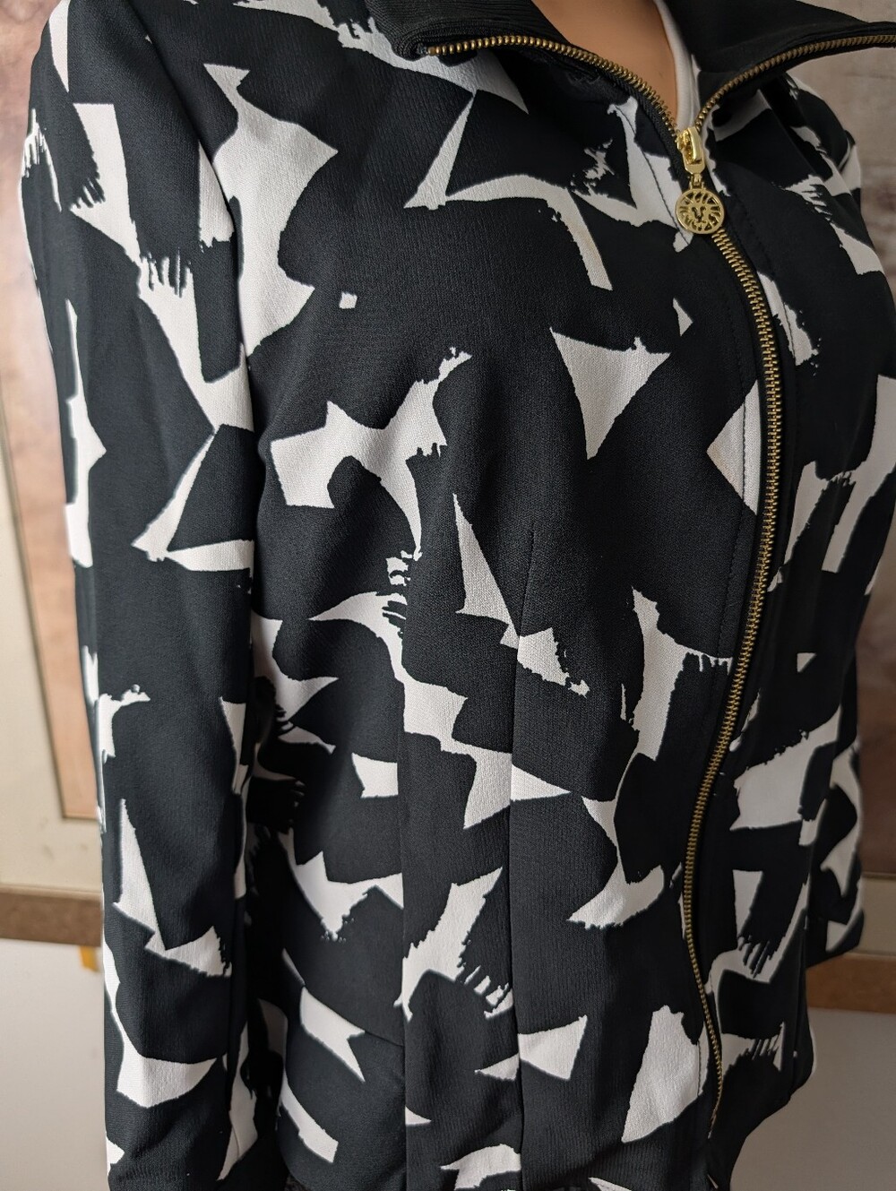 Anne Klein black and white abstract print zip-up jacket Size L - Picture 3 of 9